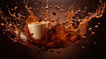 Poster - Coffee beans splashing on a brown backdrop