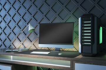 Poster - Creative gamers desktop with empty computer monitor, lamp and system unit on decorative black wall background. Gaming concept. Mock up, 3D Rendering.