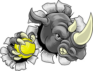 Wall Mural - A Rhino Rhinoceros mean tough cartoon sports animal mascot holding a tennis ball