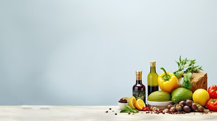 Assortment of healthy food on light background emphasizing diet concept