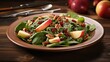 Apple cranberry walnut salad with spinach and poppy seed dressing on wooden background Healthy clean food