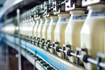 Conveyor for bottling milk into bottles at a modern dairy plant. Line for bottling and packaging of dairy products. Industrial equipment. Fresh milk.