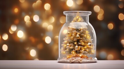 Poster - Christmas tree in glass jar with bokeh lights background copy space