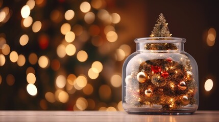 Poster - Christmas tree in glass jar with bokeh lights background copy space