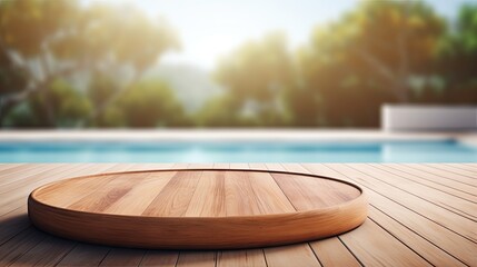 Poster - Blurred empty outdoor swimming pool and round wooden table in daylight