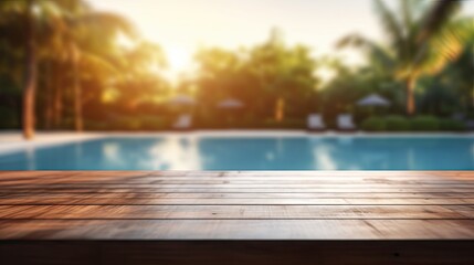 Poster - Blurry background of pool empty wooden table upfront