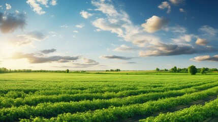 Poster - Agricultural fields in south Ukraine with greenery clouds and a sunset in the blue sky