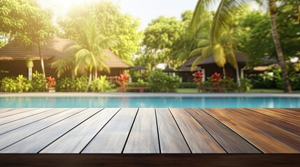 Poster - Blurry background of pool empty wooden table upfront