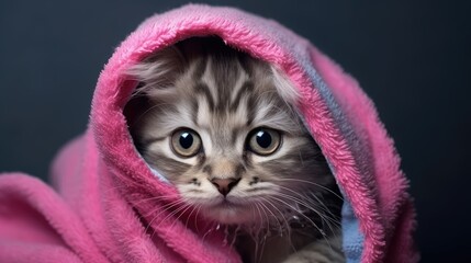 Poster - Adorable post bath gray tabby kitten in pink towel with blue eyes
