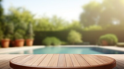 Poster - Blurred empty outdoor swimming pool and round wooden table in daylight