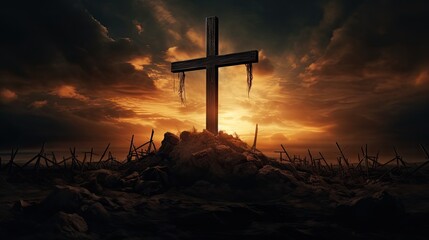 Poster - Christian symbol of death resurrection cross at sundown