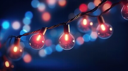 Poster - Christmas LED lights on a dark background with blurry bulb garland for screen overlays Festive banner idea