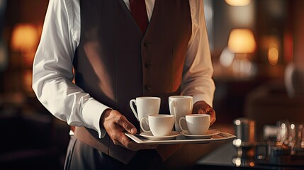 Poster - Close up picture of waiter brewing coffee for hotel guests