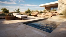 A Desert Backyard With A Pebble Tech Pool And Travertine Patio
