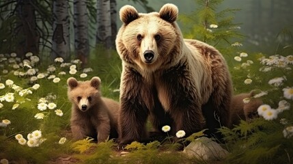 Poster - Brown bears known as she bear and cubs inhabit their natural habitat among white flowers in the summer forest on the bog