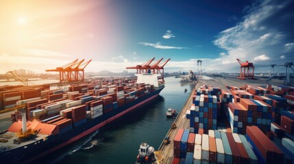 Poster - Cargo plane flying above ship port world map import export logistics business shipping goods to harbor via crane