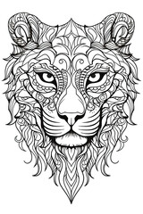  coloring page with mandala ornaments of a tiger leopard or panther head in a line art hand drawn style