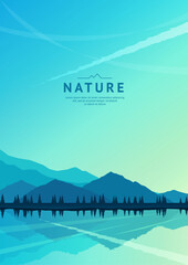Wall Mural - foggy landscape. mountains and trees near a river or lake. silhouettes of mountains and hills are re