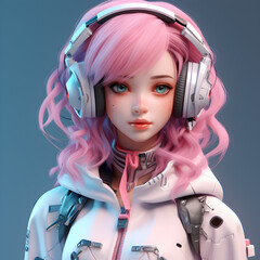 Wall Mural - Cute girl cyberpunk 3d illustration