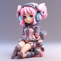 Wall Mural - Cute girl cyberpunk 3d illustration