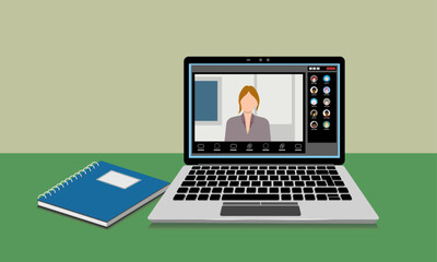 Poster - Laptop with a real-time video meeting application. Ongoing meeting with presentation and team members. Simplified flat style. Vector Illustration