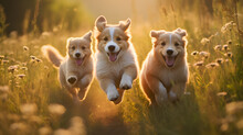 Capture The Sheer Joy Of Playful Dog Puppies Frolicking In A Sun-kissed Meadow, Their Expressive Faces Reflecting Pure Happiness.