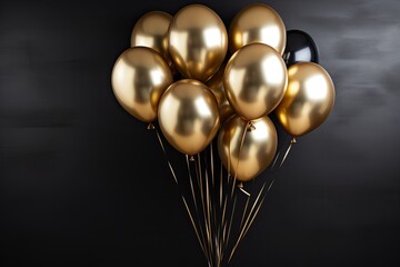 Sticker - Black and gold balloons on wooden background. 3D Rendering, Gold balloons bunch on a black wall background, AI Generated