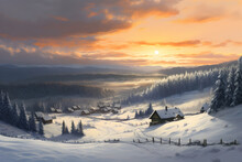 Winter Landscape With Hut, Fence And Trees Covered With Snow, Mountains And Sunset In The Background.