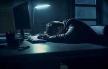 CEO Sleeping On Table With Face Down. Exhausted Businessman Falling Asleep At Workplace. Generate Ai