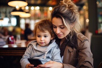 Wall Mural - Young mother with her little daughter in her arms looking at her smartphone while sitting on a bench in a shopping mall.