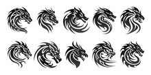 Tribal Tattoo Of The Dragon Head Silhouette Ornament Flat Style Design Vector Illustration Set Isolated On White Background. Chinese Symbol And Fantasy Mascot Monster For Design Ideas And Tattoos.