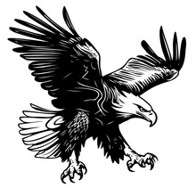 Flying Eagle Mascot Logo In Etching Style. Sketch Vector Illustration Of A Sign Or Brand Hand Drawn