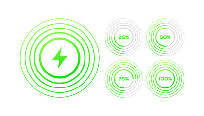 Aufkleber - Energy charge icons. Flat, green, 25%,50%,75%,100% charge, lightning icons. Vector icons