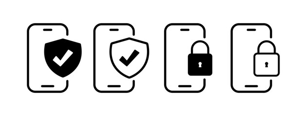 Poster - Phone silhouette with shield and checkmark and lock for key. Phone with shield and checkmark and lock. Vector icons