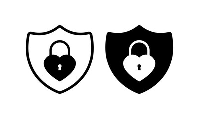 Poster - Shield with a heart lock. Silhouette, black, heart lock inside the shield, access settings. Vector icons