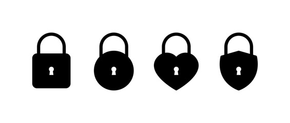 Poster - Lock icons for key. Silhouette, black, key locks of different shapes, lock for a key. Vector icons