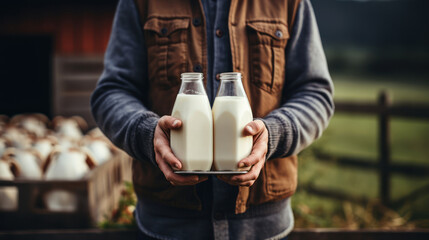 Wall Mural - Proud farmer holds a container filled with fresh milk, showcasing the wholesome produce of his farm