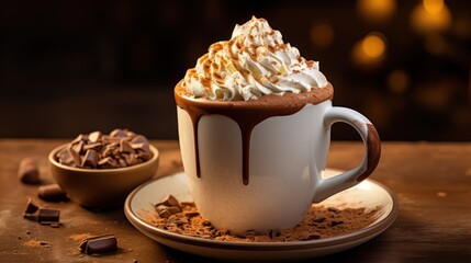 Mug of hot chocolate steams invitingly, topped with whipped cream and a sprinkle of cocoa