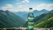 Water bottle stands prominently against a backdrop of refreshing mountains