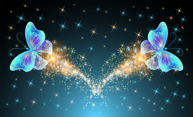 Wall Mural - Flying delightful magical butterflies with sparkle and blazing trail in night sky. Love and romance concept.