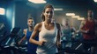 Beautiful woman working out on a treadmill at the gym. Fictional characters created by Generated AI.