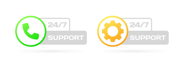 Poster - 24/7 support icons. Flat, color, 24/7 support settings and call, 24/7 support. Vector icon