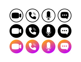Poster - Camera, call, microphone, message icons. Different styles, Icons for camera, call, microphone, message. Vector icons