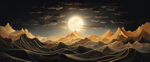 Mountain landscape in black and gold in line art style.