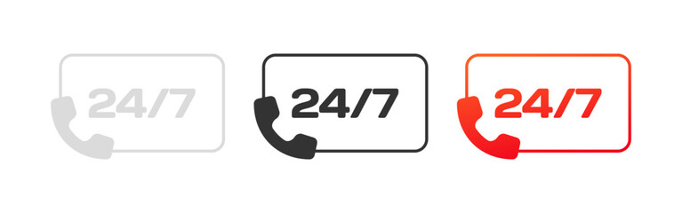 Poster - 24/7 support icons. Different styles, handset phone, 24/7 buttons. Vector icons