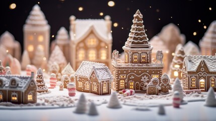 Wall Mural - Cozy Christmas gingerbread village town greeting card. Little tiny toy christmas gingerbread village on white snow. Christmas night gingerbread houses on snowy winter light background