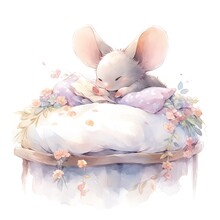 A Sleepy Baby Mouse In A Bedding, Watercolor Illustration.