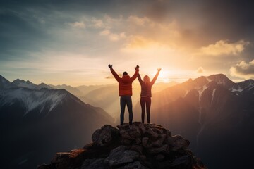 A silhouette of a two persons standing on a mountaintop, arms outstretched towards the rising sun, which pointing up as symbol of achievement