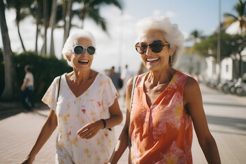 Wall Mural - two old women are joyfully strolling along the beachside sidewalk in their summer workout attire. generative AI