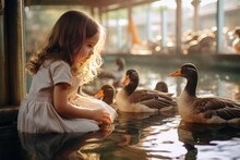 Cute Little Girl Looking At Ducks In Zoo. Small Summer Lake With Pet Care. Generate Ai